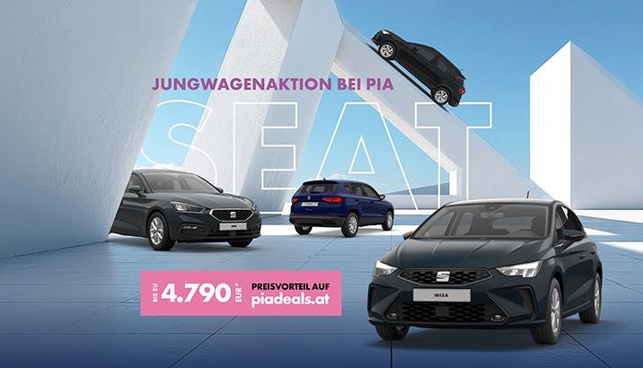 Ein Seat Ibiza, Arona, Ateca und Leon in industrieller Umgebung