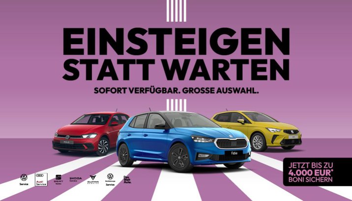 Drei Farhzeuge, VW, Skoda und Seat auf einem Bild mit pinkem Hintergrund. 
