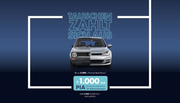 Blaues Bild mit weißem Rahmen - PIA Eintauschbonus 1.000€ bei Eintauschfahrzeug