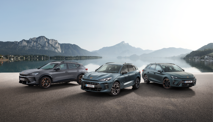 3 Cupra Fahrzeuge vor einem See