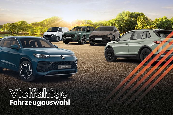 Das Bild zeigt mehrere Fahrzeuge, die nebeneinander geparkt sind – ein Sinnbild für eine breite und vielseitige Fahrzeugauswahl. Der Text im Bild lautet: „Vielfältige Fahrzeugauswahl“. Die Szene unterstreicht das Angebot an unterschiedlichen Modellen und Fahrzeugtypen, passend für individuelle Anforderungen in Fuhrparkmanagement, Mobilitätslösungen oder Unternehmensflotten.