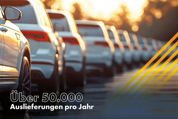 Das Bild zeigt mehrere Fahrzeuge, die in einer Reihe geparkt sind – ein Symbol für effiziente Fahrzeuglogistik und professionelles Flottenmanagement. Der eingeblendete Text „Über 50.000 Auslieferungen pro Jahr“ verdeutlicht die hohe Lieferkapazität und die zuverlässige Abwicklung von Fahrzeugauslieferungen im großen Maßstab – ideal für Geschäftskunden und Fuhrparklösungen mit hohem Volumenbedarf.